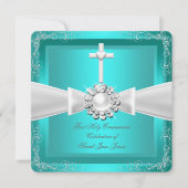 ファーストホーリーコミュニオンティール（緑がかった色）ホワイトシルバーガールボーイ 招待状 (正面)