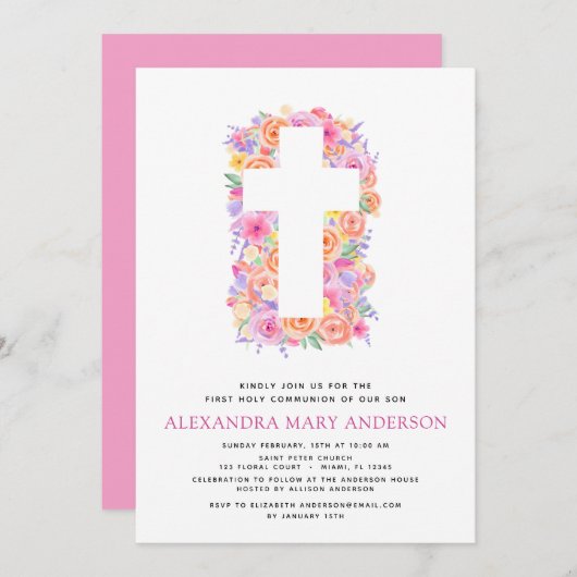 ファーストホーリーコミュニオンパステルフローラピンク 招待状 (正面/裏面)