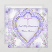 ファーストホーリーコミュニオンパープルピンクハートガール2 招待状 (正面/裏面)