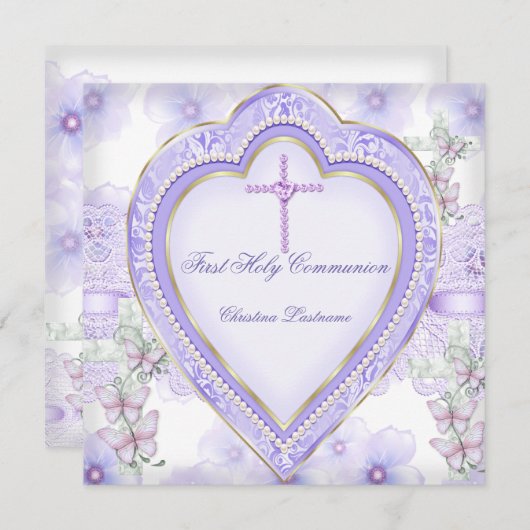ファーストホーリーコミュニオンパープルピンクハートガール2 招待状 (正面/裏面)