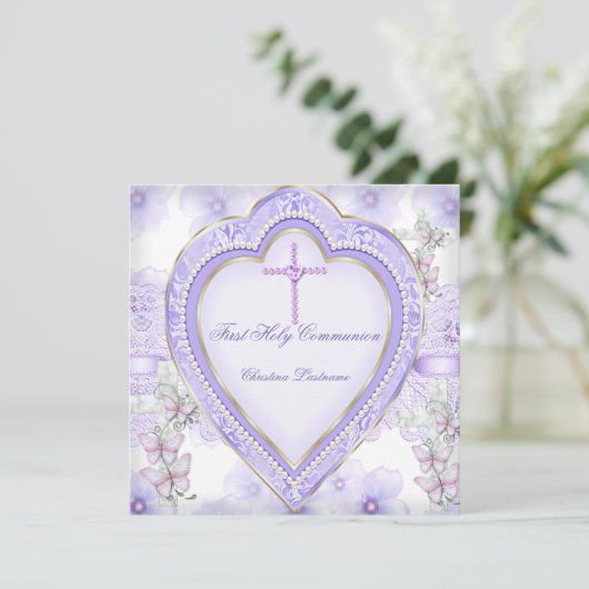 ファーストホーリーコミュニオンパープルピンクハートガール2 招待状 (スタンド正面)