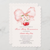 ファーストホーリーコミュニオンピンクボウさくらんぼ 招待状 (正面/裏面)
