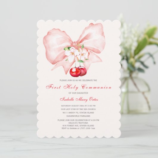 ファーストホーリーコミュニオンピンクボウさくらんぼ 招待状 (スタンド正面)