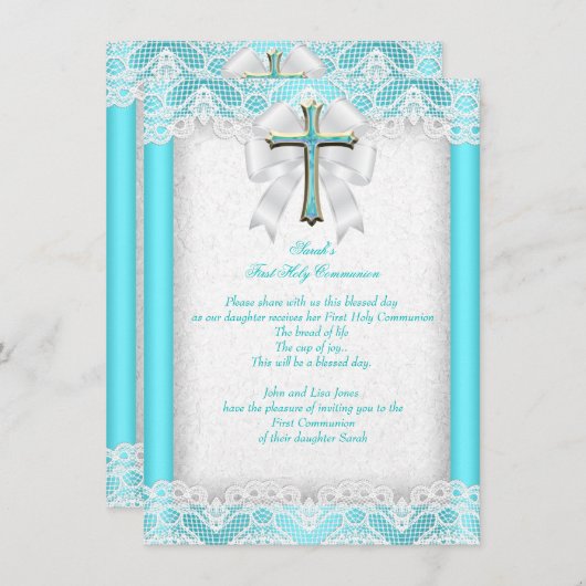 ファーストホーリーコミュニオンファーストガールズクロスアクアティール(緑がかった色)2 招待状 (正面/裏面)