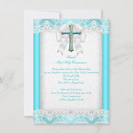 ファーストホーリーコミュニオンファーストガールズクロスアクアティール（緑がかった色）2 招待状 (正面)