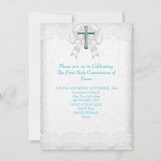 ファーストホーリーコミュニオンファーストガールズクロスアクアティール（緑がかった色）3 招待状 (裏面)