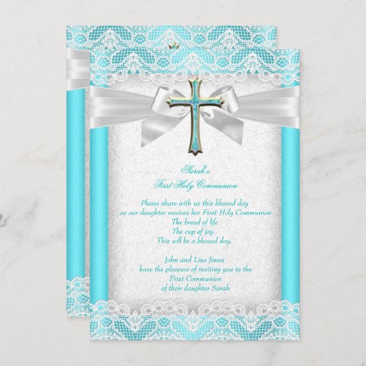 ファーストホーリーコミュニオンファーストガールズクロスティール（緑がかった色）2 招待状 (正面/裏面)