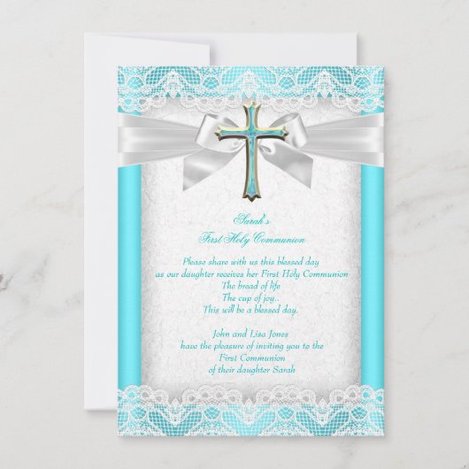 ファーストホーリーコミュニオンファーストガールズクロスティール（緑がかった色）2 招待状 (正面)