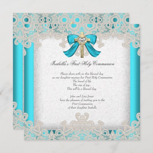 ファーストホーリーコミュニオンファーストガールズクロスティール（緑がかった色）3 招待状 (正面/裏面)
