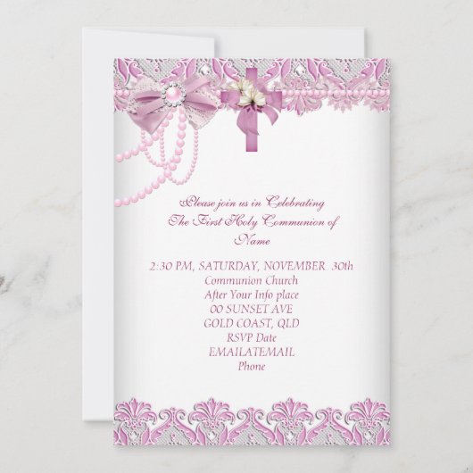 ファーストホーリーコミュニオンファーストガールズピンクパールレース 招待状 (裏面)