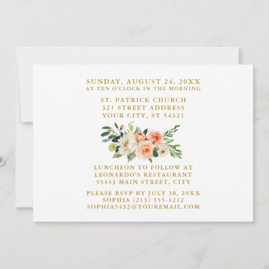 ファーストホーリーコミュニオンフォトピーチフローラ金ゴールド 招待状 (裏面)