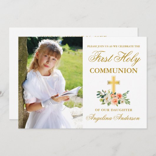 ファーストホーリーコミュニオンフォトピーチフローラ金ゴールド 招待状 (正面/裏面)