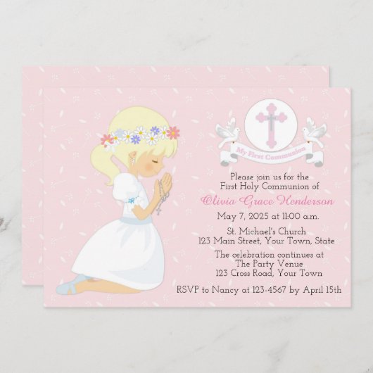 ファーストホーリーコミュニオンブロンドガールホワイトドブ 招待状 (正面/裏面)