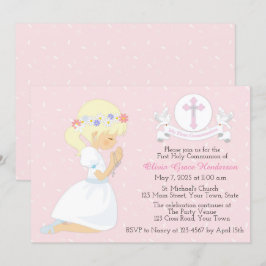ファーストホーリーコミュニオンブロンドガールホワイトドブ 招待状