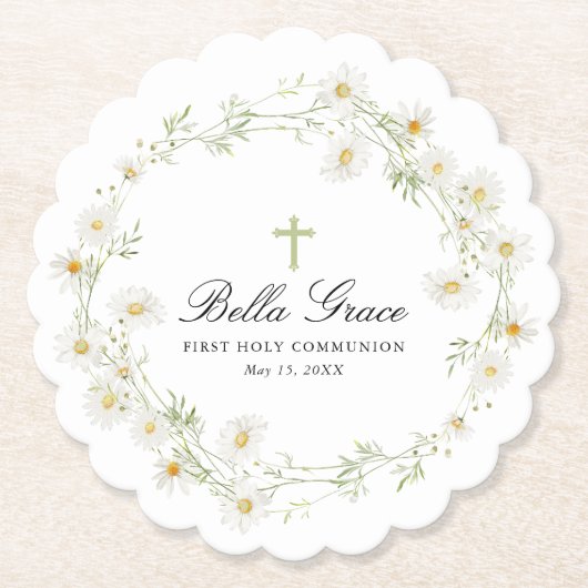 ファーストホーリーコミュニオンホワイトデイジーカスタムフローラ ペーパーコースター (正面)