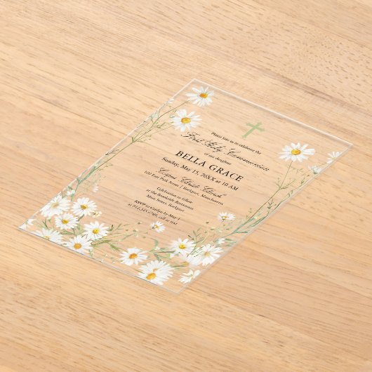 ファーストホーリーコミュニオンホワイトデイジーフローラ アクリル招待状 (レイダウン)
