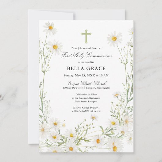 ファーストホーリーコミュニオンホワイトデイジーフローラ 招待状 (正面)