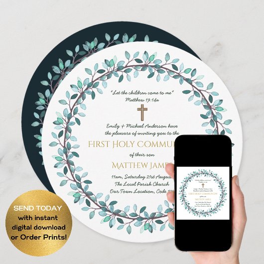 ファーストホーリーコミュニオンボーイズブルーリース招待状 招待状