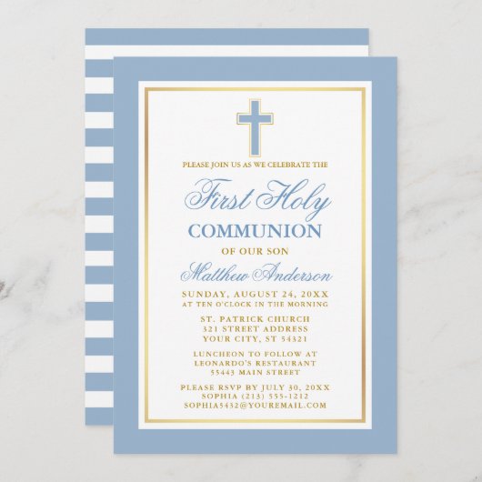 ファーストホーリーコミュニオンライトブルーストライプの金ゴールド 招待状 (正面/裏面)