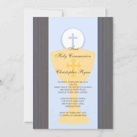 ファーストホーリーコミュニオン招待状チャリスボーイブルー 招待状 (正面)
