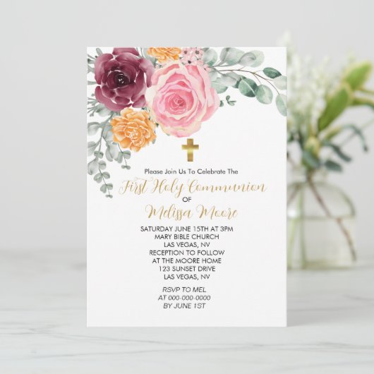 ファーストホーリーコミュニオン秋ピンクブルゴーニュフローラ 招待状 (スタンド正面)