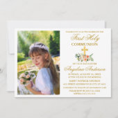ファーストホーリーコミュニオン金ゴールドウォーターカラーピーチフローラ 招待状 (正面)