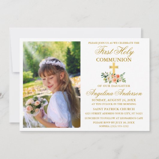 ファーストホーリーコミュニオン金ゴールドウォーターカラーピーチフローラ 招待状 (正面)