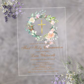 ファーストホーリーコミュニオン金ゴールドクロスウォーター色フローラ アクリル招待状