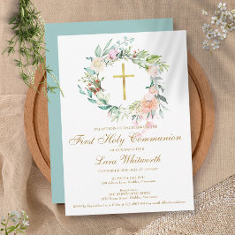ファーストホーリーコミュニオン金ゴールドクロスウォーター色フローラ 招待状