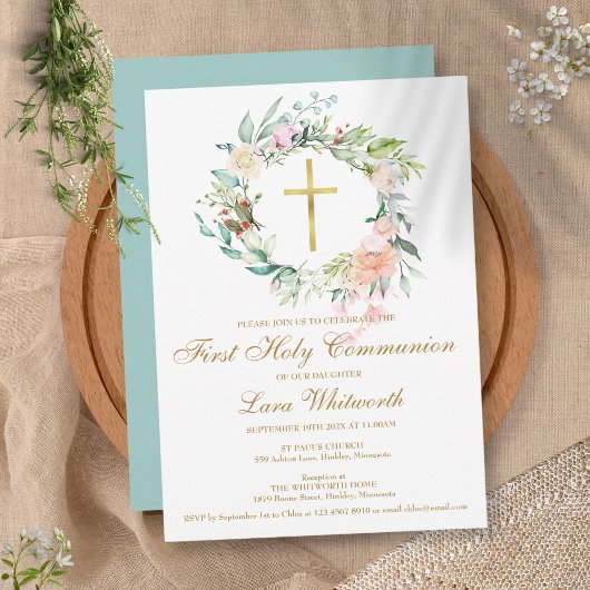 ファーストホーリーコミュニオン金ゴールドクロスウォーター色フローラ 招待状