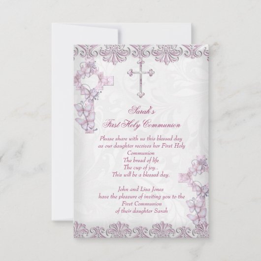 ファーストホーリーコミュニオン1stクロガールズダマスクピンク 招待状 (正面)