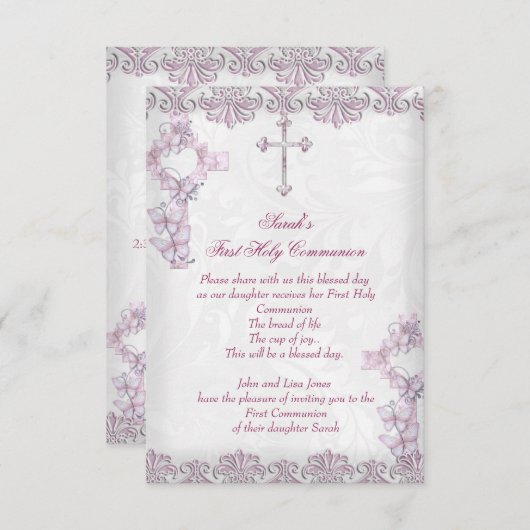 ファーストホーリーコミュニオン1stクロガールズダマスクピンク 招待状 (正面/裏面)