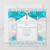 ファーストホーリーコミューニオンガールズティール（緑がかった色）ブルーパールホワイト 招待状 (裏面)