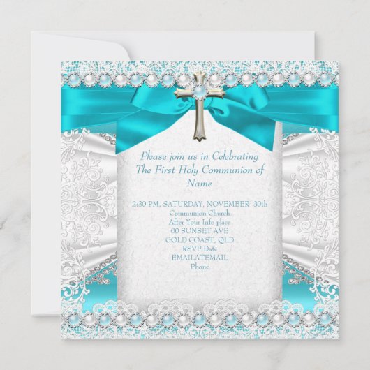 ファーストホーリーコミューニオンガールズティール(緑がかった色)ブルーパールホワイト 招待状 (裏面)