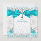 ファーストホーリーコミューニオンガールズティール（緑がかった色）ブルーパールホワイト 招待状 (正面)