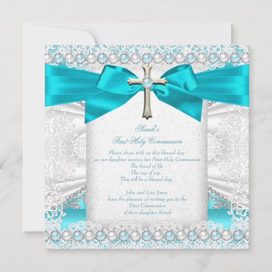ファーストホーリーコミューニオンガールズティール(緑がかった色)ブルーパールホワイト 招待状 (正面)