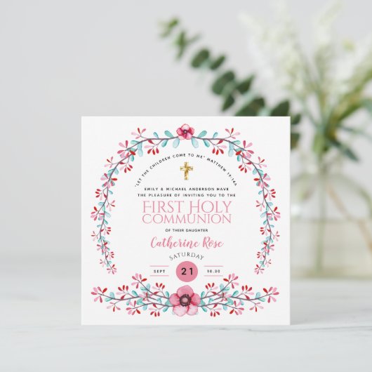 ファーストホーリーコミューニオンガールズピンクフローラ招待状 招待状 (スタンド正面)