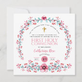 ファーストホーリーコミューニオンガールズピンクフローラ招待状 招待状 (正面)