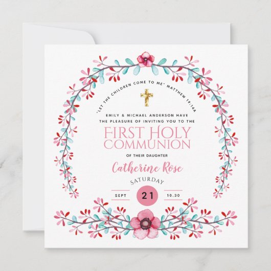 ファーストホーリーコミューニオンガールズピンクフローラ招待状 招待状 (正面)