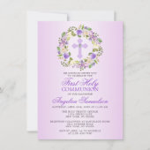ファーストホーリーコミューニオンガールフローラパープルラベンダー 招待状 (正面)