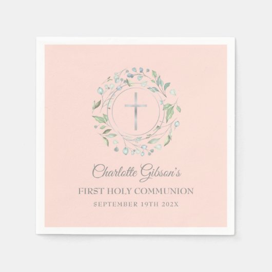 ファーストホーリーコミューニオングリーン赤面ピンクシルバー スタンダードカクテルナプキン (正面)