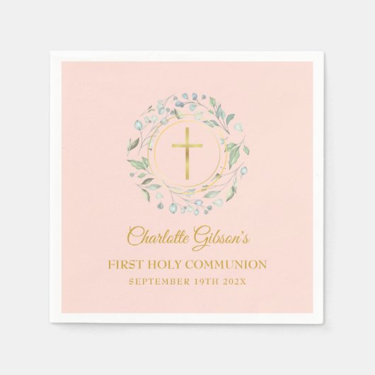 ファーストホーリーコミューニオングリーン赤面ピンク金ゴールド スタンダードカクテルナプキン (正面)