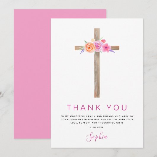 ファーストホーリーコミューニオンサンキューピンクフローラローズ サンキューカード (正面/裏面)