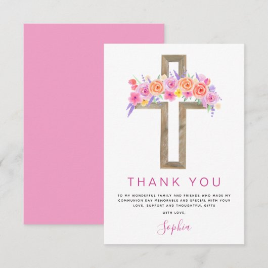 ファーストホーリーコミューニオンサンキューピンクフローラローズ サンキューカード (正面/裏面)