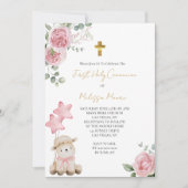 ファーストホーリーコミューニオンスイートリトルラムピンクのバラ 招待状 (正面)