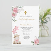 ファーストホーリーコミューニオンスイートリトルラムピンクのバラ 招待状 (スタンド正面)