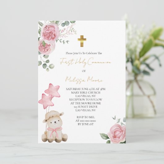 ファーストホーリーコミューニオンスイートリトルラムピンクのバラ 招待状 (スタンド正面)