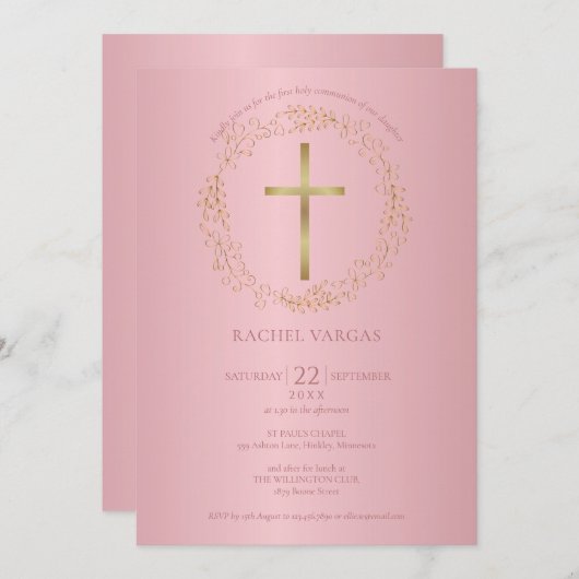 ファーストホーリーコミューニオンバラ金ゴールドクロスフローラ 招待状 (正面/裏面)