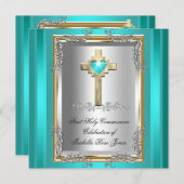 ファーストホーリーコミューニオンファーストガールボーイクロスティール（緑がかった色）ブルー 招待状 (正面/裏面)