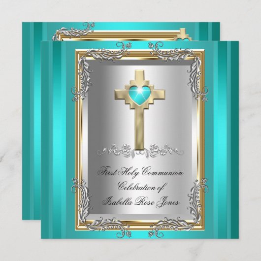 ファーストホーリーコミューニオンファーストガールボーイクロスティール（緑がかった色）ブルー 招待状 (正面/裏面)